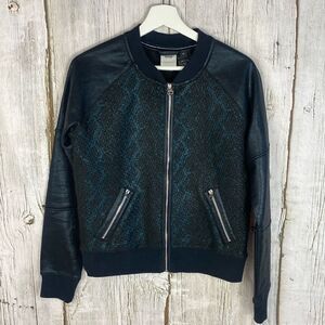 Harley Davidson Rare Black Blue Metallic Faux Leather Bomber Jacket Size Medium